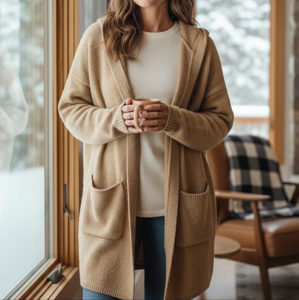 Hummingbird Women's Duster Winter Knit Solid Loose-fitting Hooded Cardigan sz LG